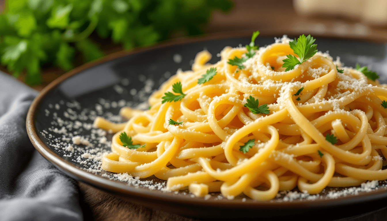 AI generated: A perfectly styled plate of pasta carbonara with fresh parsley and grated Parmesan, warm tones, ultr...