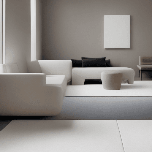 AI generated: Photograph, contemporary living room, soft light of morning, integration of beige flooring and matte...