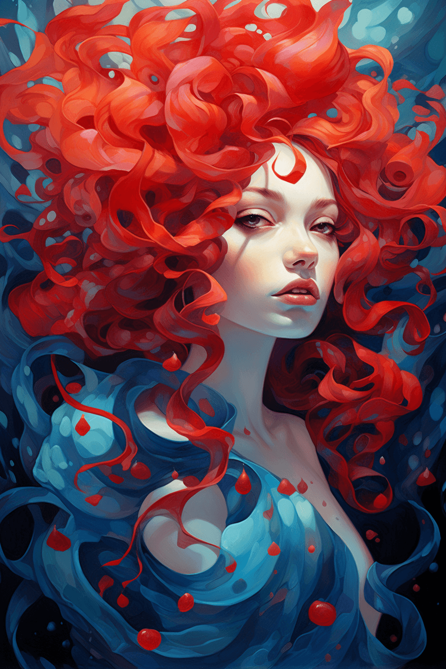 AI generated: A girl's head decorated in blue and red colors, in the style of artgerm, fluid and organic, darkly r...