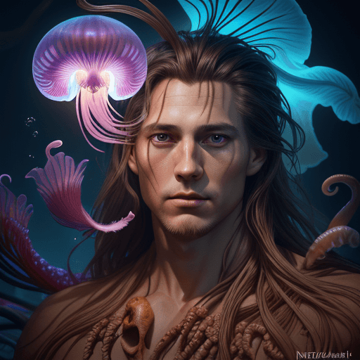 AI generated: tarzan close-up portrait ribcagel. jellyfish phoenix head, nautilus, orchid, skull, betta fish, biol...