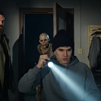 AI generated video: Plano medio nocturno cinematográfico. Dentro de una tienda oscura, una puerta del fondo se abre de g...