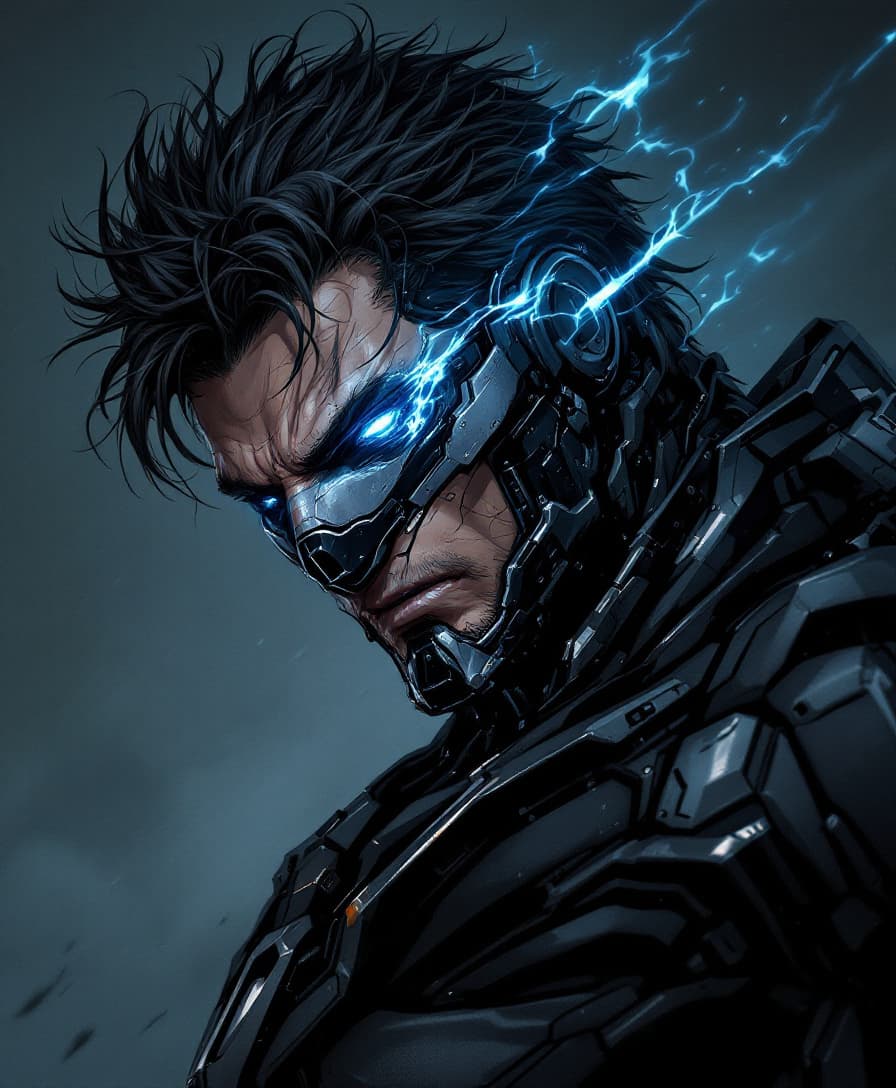 AI generated: male cyborg, dark background, Hyperrealism style, full growth, anime, blue fire in the eyes, Metal G...