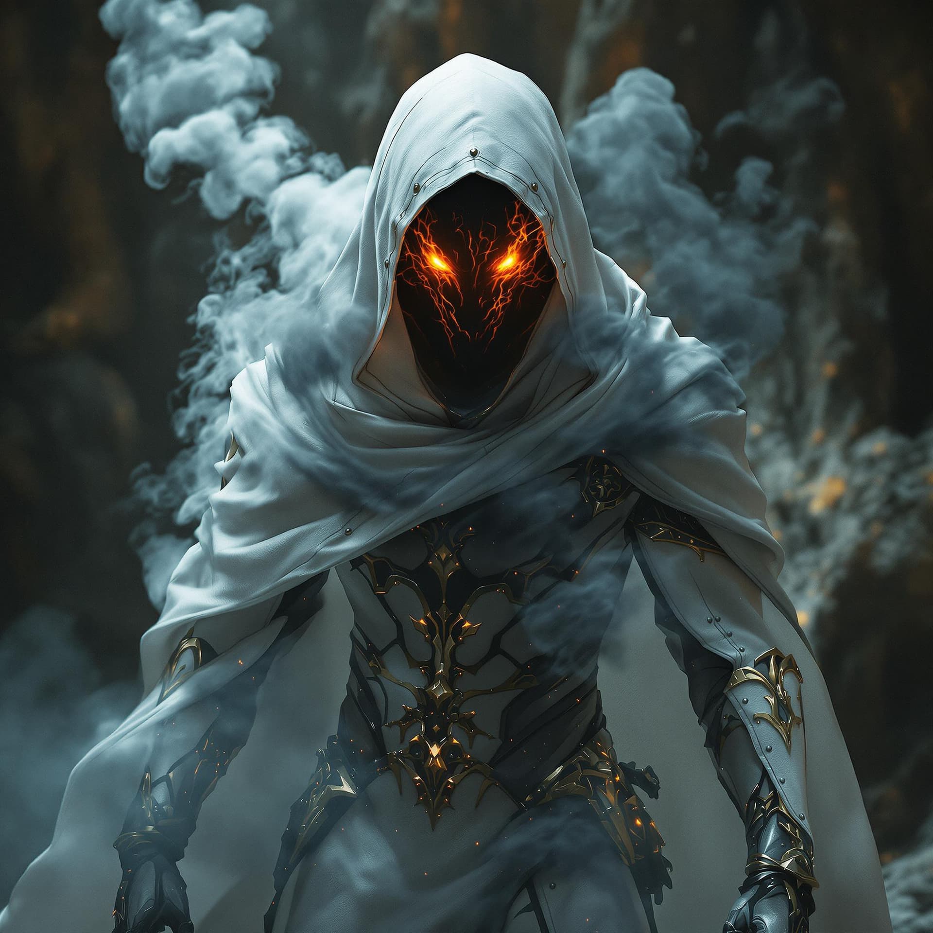 AI generated: Dark fantasy, shadow knights, (( white and gold plug suit, black smoke in plug suit)), (burning eyes...