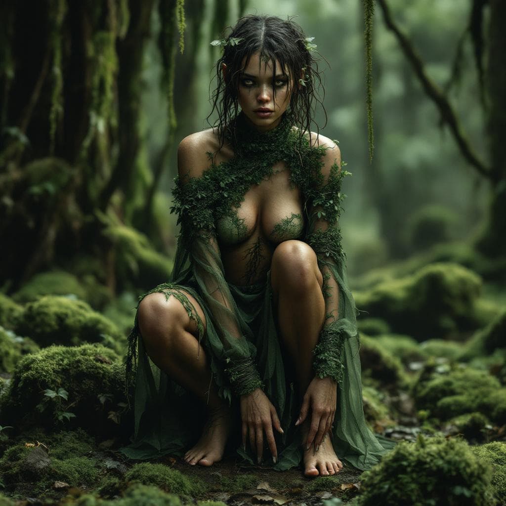 AI generated: hominid female Moist forest fashion concept, layered asymmetrical dress in moss green chiffon and ba...