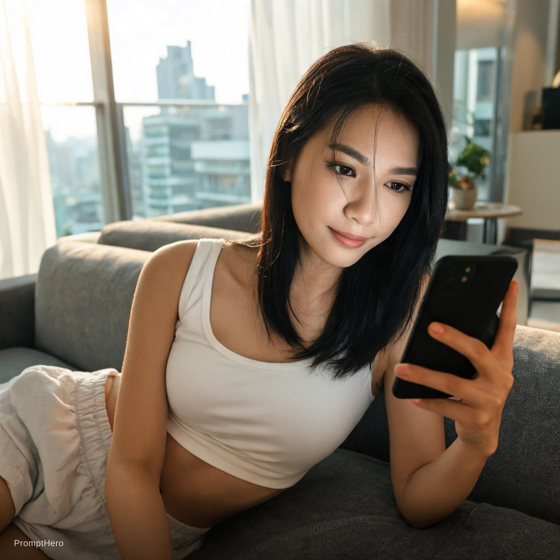 AI generated: Cinematic photorealistic, a 28-year-old Thai woman lying relaxed on a grey fabric sofa in a modern B...