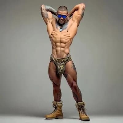 AI generated video: Hands behind head flexing abs slightly leaning back, thrusting hips forward