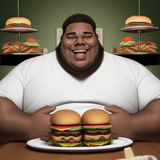 AI generated: A photo of a large man with a jovial expression, seated at a table overflowing with various food ite...