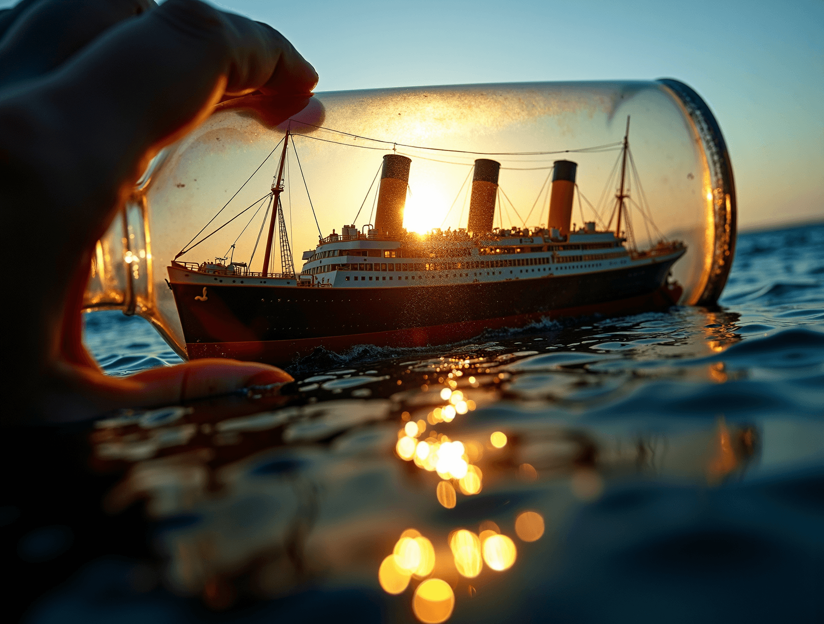 AI generated: Extreme fisheye macro inside a heavy lead-crystal ship-in-bottle, viewer standing on the miniature g...