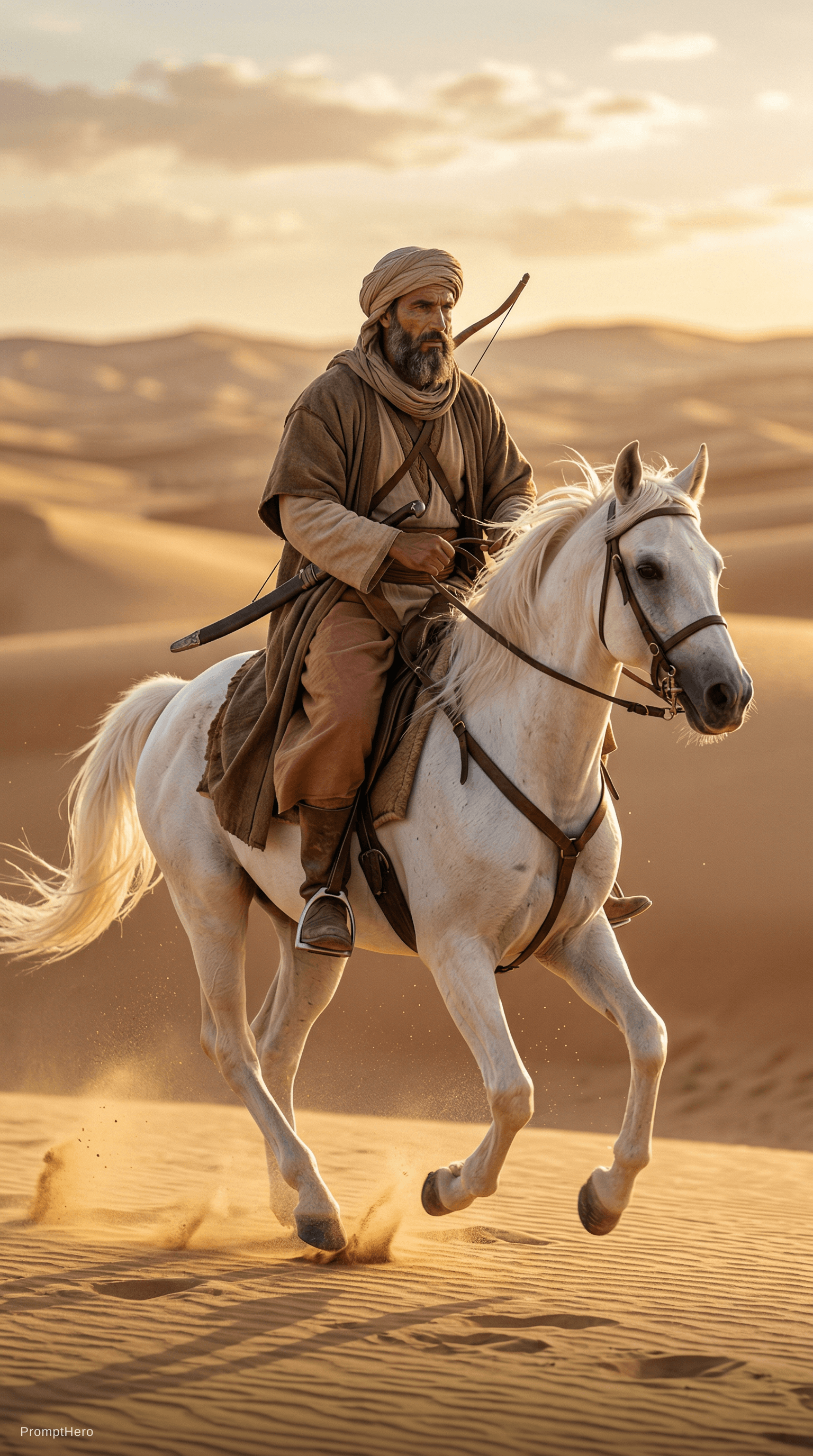 AI generated: ULTRA-PHOTOREALISTIC — Umayyad era Arab rider

A real Arab man from the Umayyad period riding a pure...