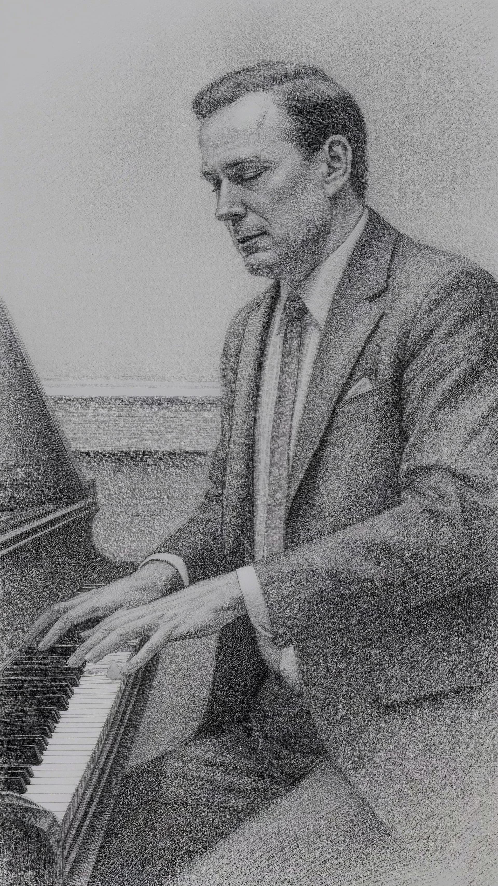AI generated: A pencil drawing style portrait of a man at the Philharmonic on stage at the piano. The man is playi...