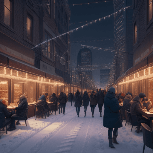 AI generated: People eating food and chilling out in a winter of in streets of new your city, tall buildings, beau...