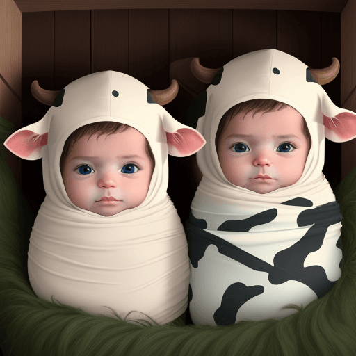 AI generated: at birth, baby Jesus is tightly swaddled, in a cow stable, there are two cow