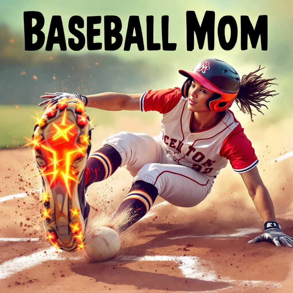 AI generated: A baseball player sliding head first into second base with neon cleats
and the words "Baseball Mom" ...