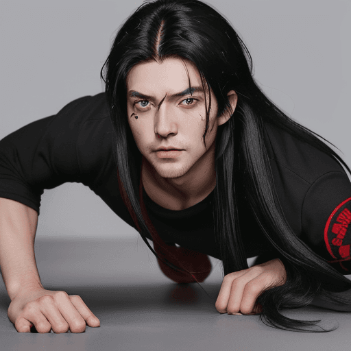 AI generated: 1boy, attractive, red_pupils, black_hair, long_hair, messy_hair, hair_between_eyes, stubble, eyebrow...