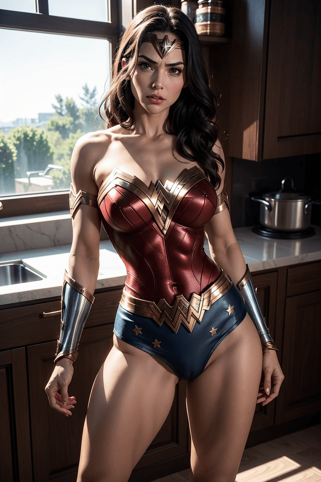AI generated: wonder woman ,full body, huge breasts, huge ass, tiny waist, abs, shiny skin, holding breasts standi...