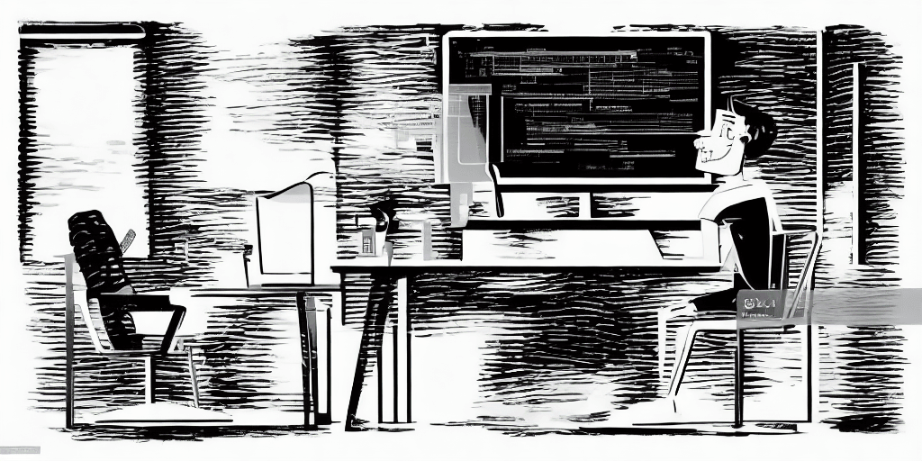 AI generated: A shockingly detailed monochromatic vector illustration of a software developer examining a small la...