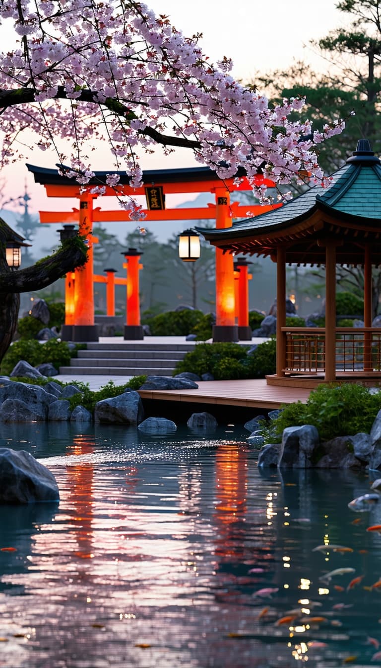 AI generated: a Japanese ⛩️ Torii Gate ⛩️under a blooming sakura (cherry blossom) tree in a traditional Japanese g...