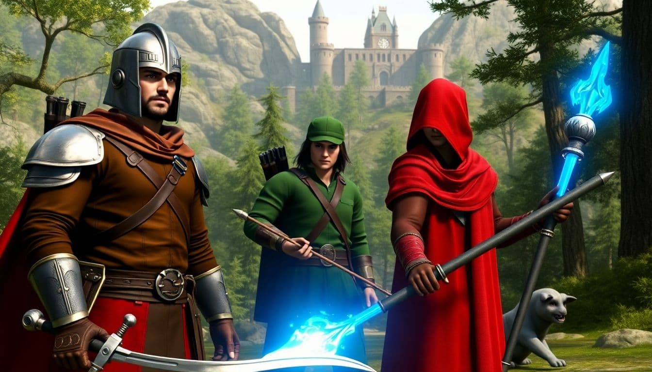 AI generated: three characters in a forest setting. The man on the left wears a silver helmet, brown tunic, and re...