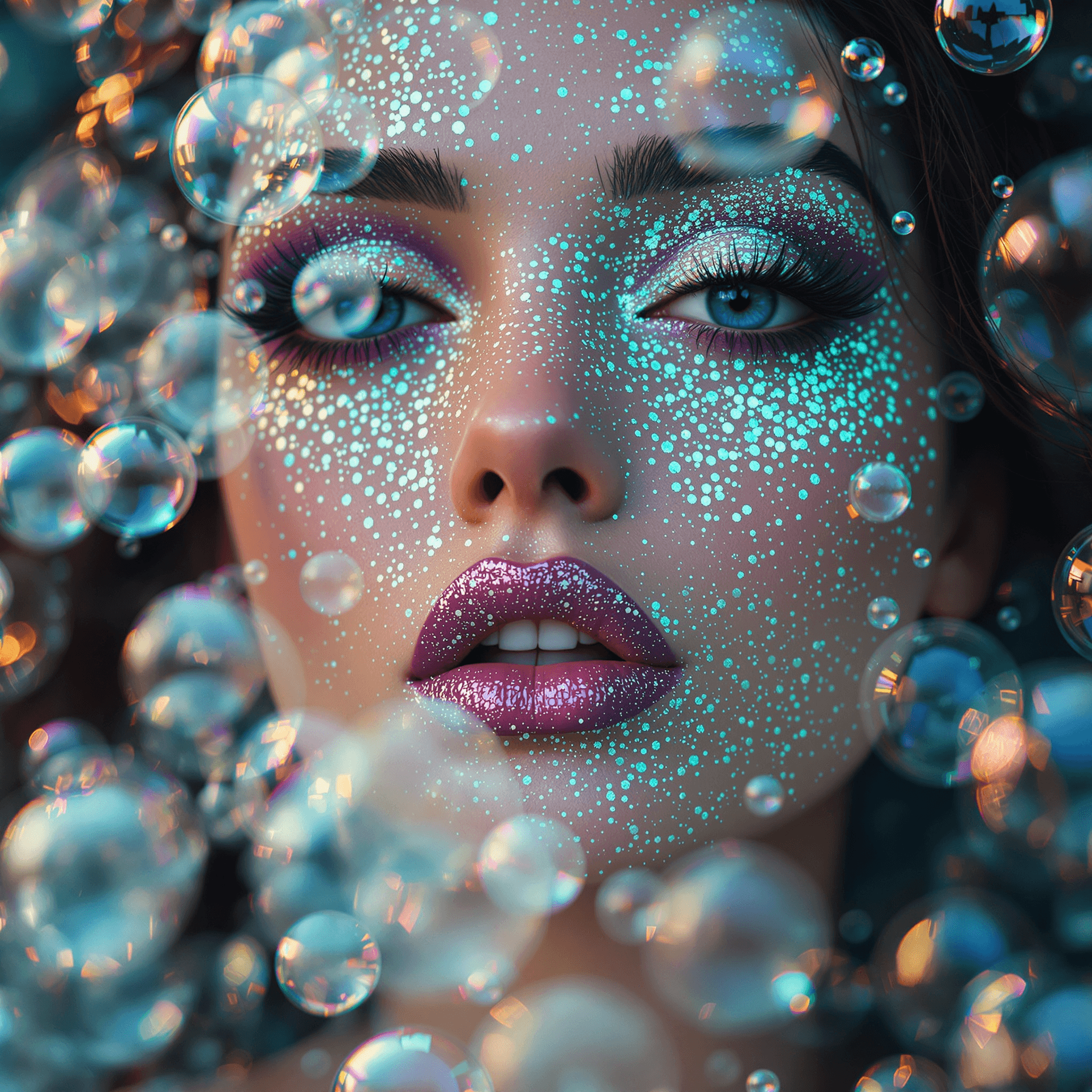 AI generated: clear bubbles translucent, mermaid blowing bubble letters, glittered make up, blowing bubbles maxima...