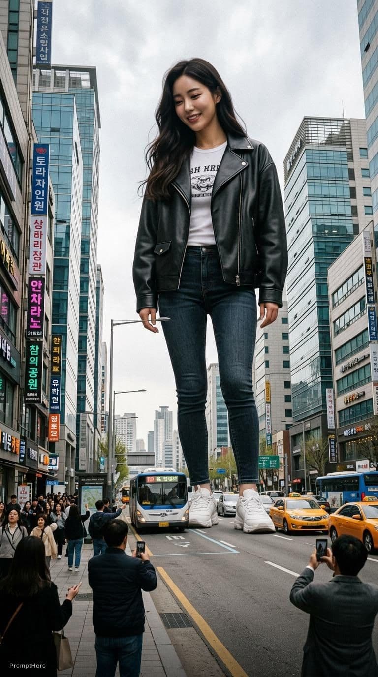 AI generated: A colossal giantess suddenly appearing as the "Street Giant" on a bustling modern city street in Seo...