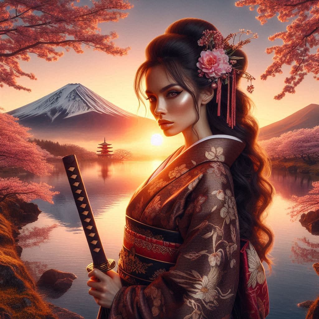 AI generated: A stunning portrait of a female samurai at a beautiful lake with cherry trees, mountain fuji backgro...