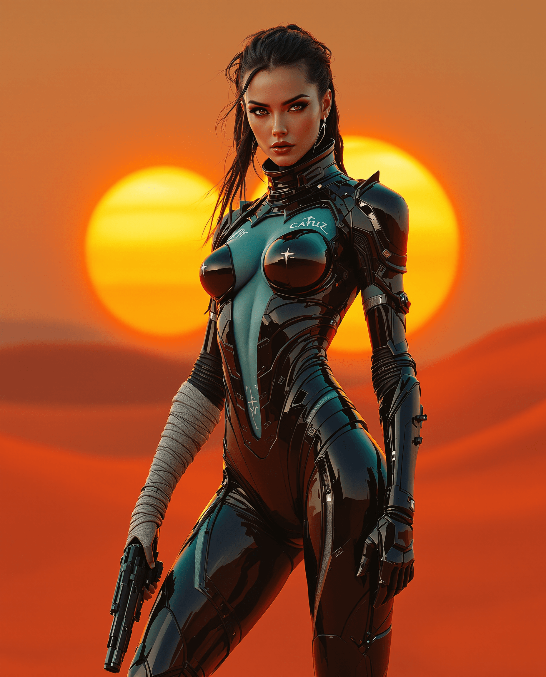 AI generated: A stunning full body (8K) masterpiece of a futuristic depiction of a female warrior, wearing a sleek...
