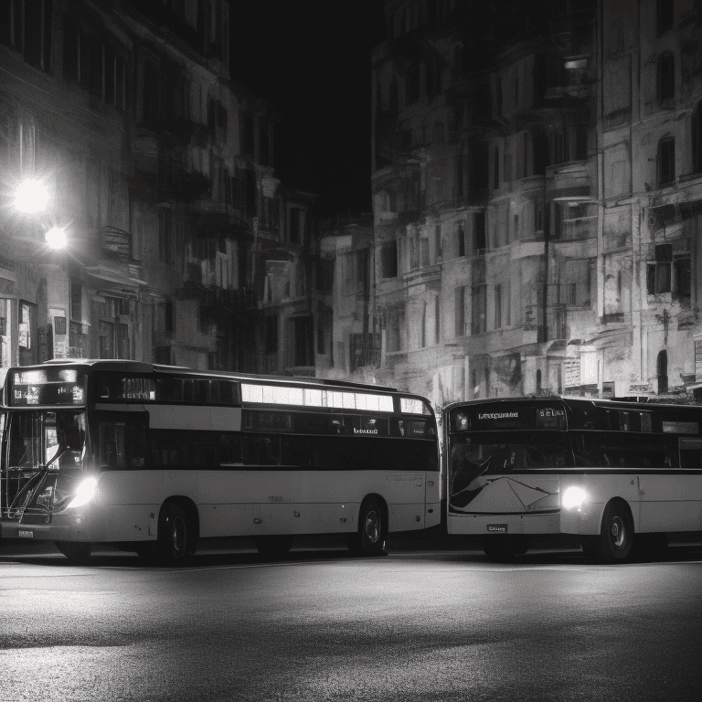 AI generated: full view of one bus, perspective, waiting in dark street, by night, captured with a Canon EOS R5, 5...
