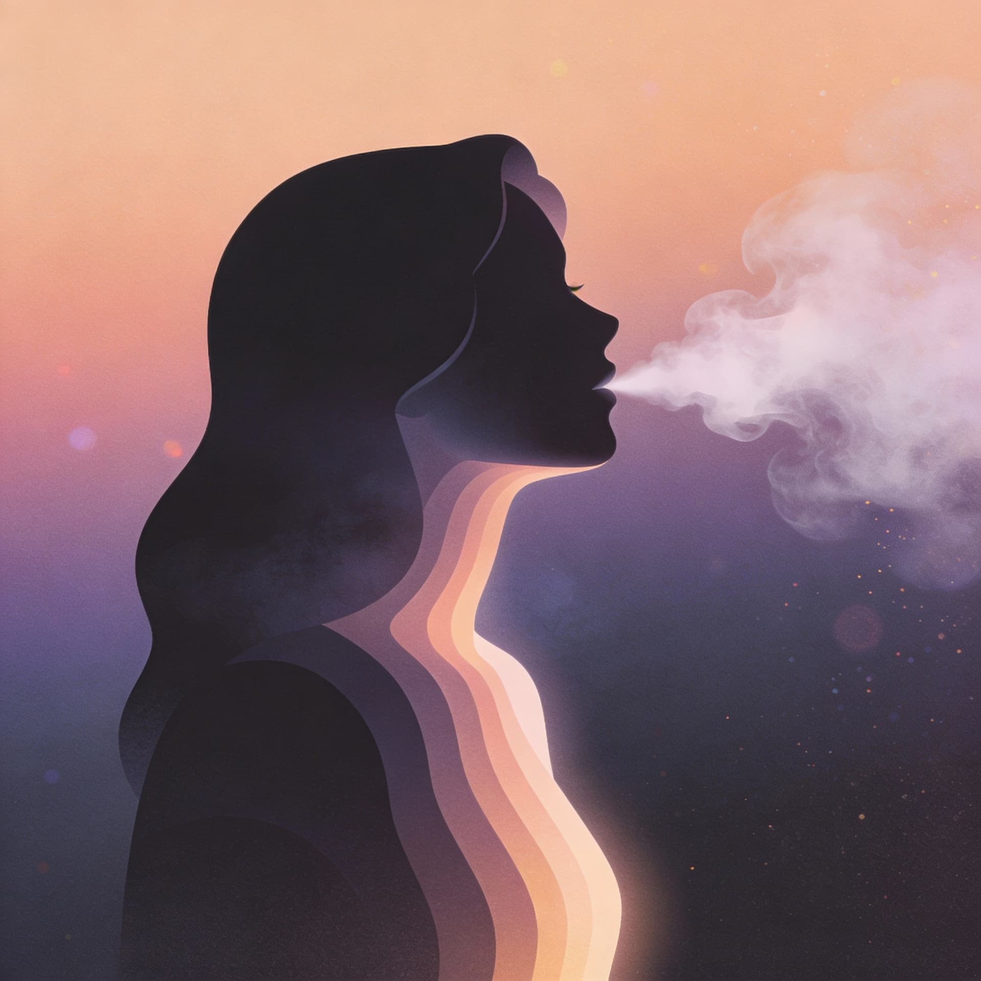 AI generated: Silhouette of a woman from the side::1.3, posed in stillness, exhaling mist that seems both flat and...