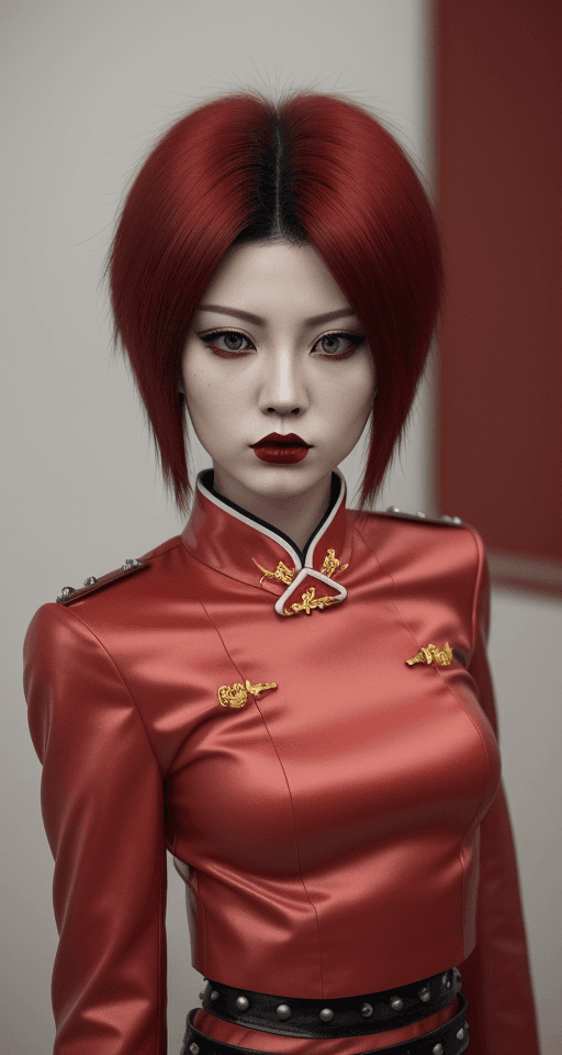 AI generated: Hyper realistic, china con cabello color rojo, traje cyver punk
