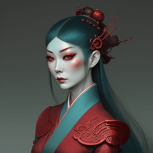 AI generated: a woman with an oriental face in photoshop and psd wuxia tanhao, in the style of natalie shau, teal ...