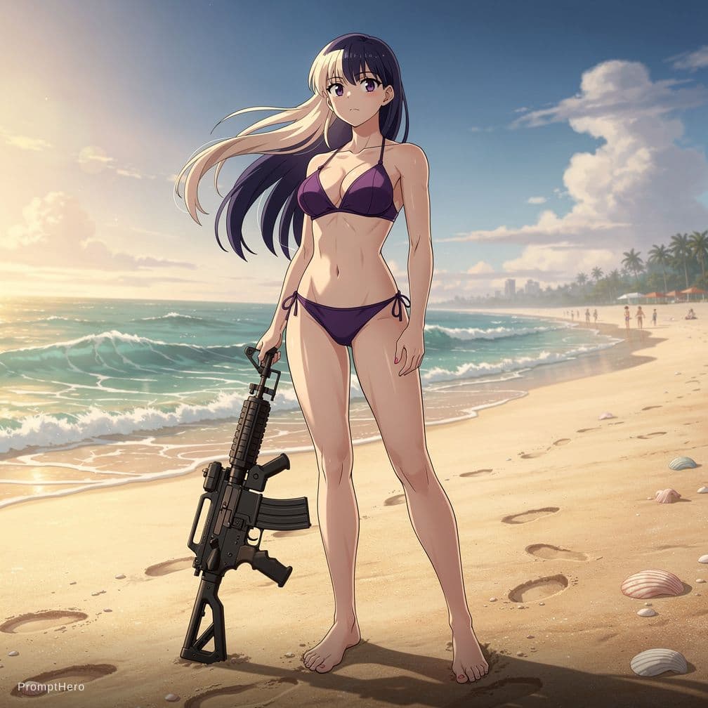 AI generated: Lady nagant at the beach in a small bikini and thong