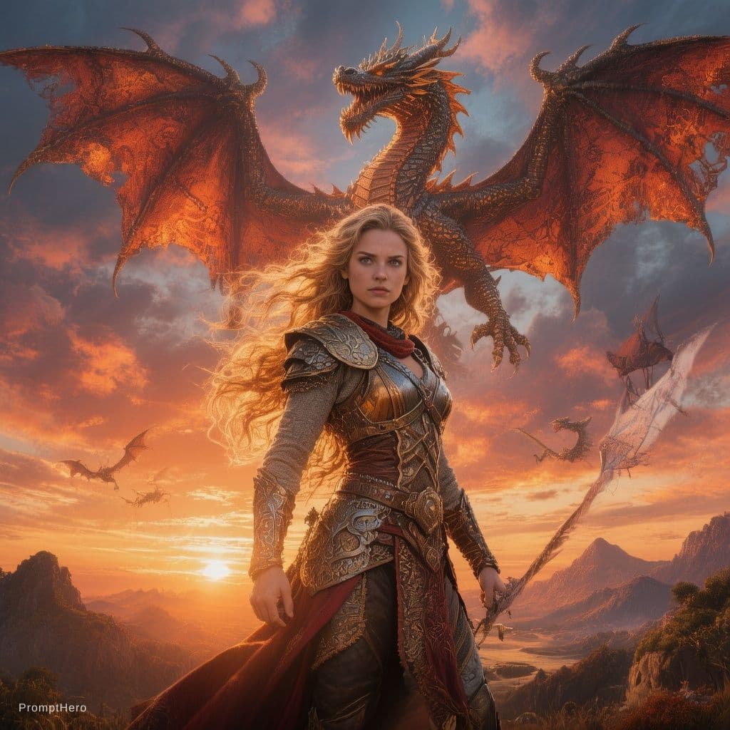 AI generated: poster of warrior princess| standing on hill |centered| key visual| intricate| highly detailed| brea...