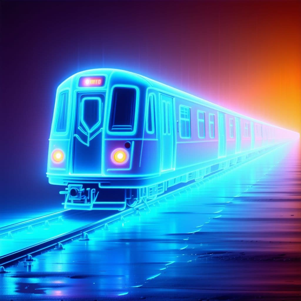 AI generated: GhostTrain Ethereal neon outline of speedrail train, train made up of deceased animal spirits in pal...