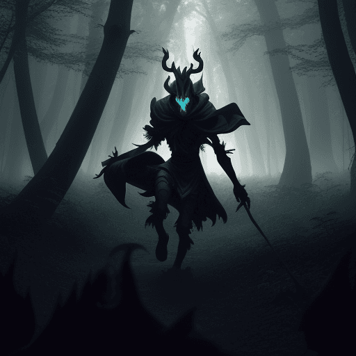 AI generated: Shaco from league of legends is about to dagger kill jump in mystical forest. The forest is veiled i...