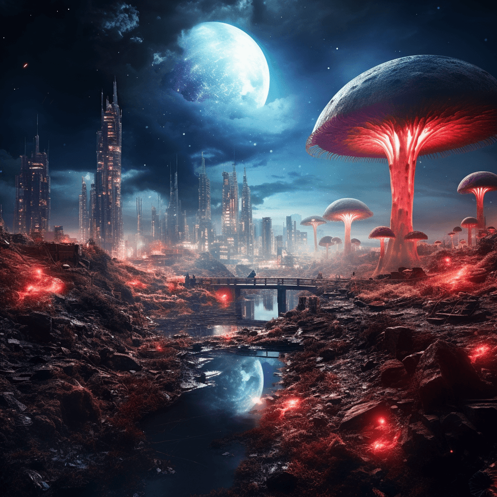 AI generated: surreal atmosphere, city, future, sci-fi, epic fantasy photo, city illuminated by a red and blue lig...
