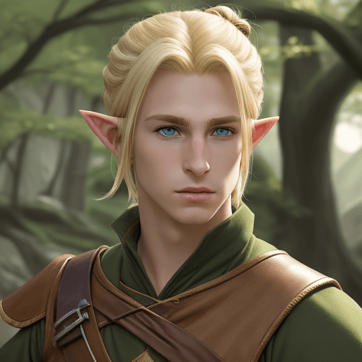 AI generated: young adult male blonde half-elf ranger 
 hair in bun dungeons and dragons