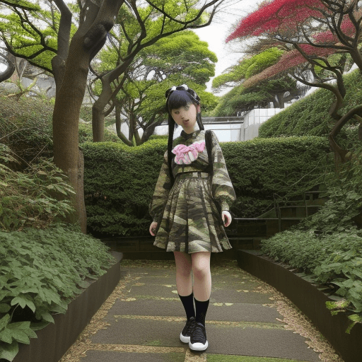 AI generated: harajuku girl in a leafy garden, we can see all kinds of creatures camoflagued in the leaves, --chao...
