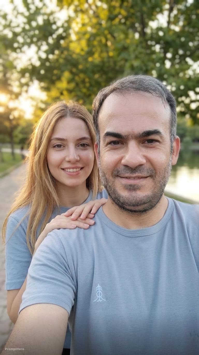 AI generated: Scene with a beautiful blond girl behind him with her hand on his shoulder 