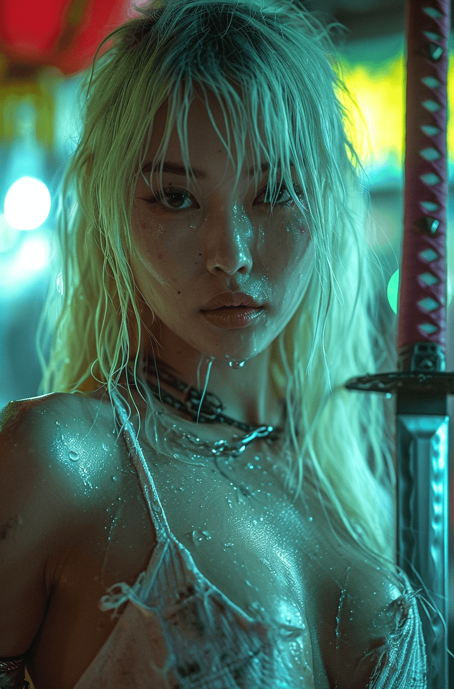 AI generated: Beautiful female in futuristic attire holding a sword, in the style of movie still, snapshot realism...