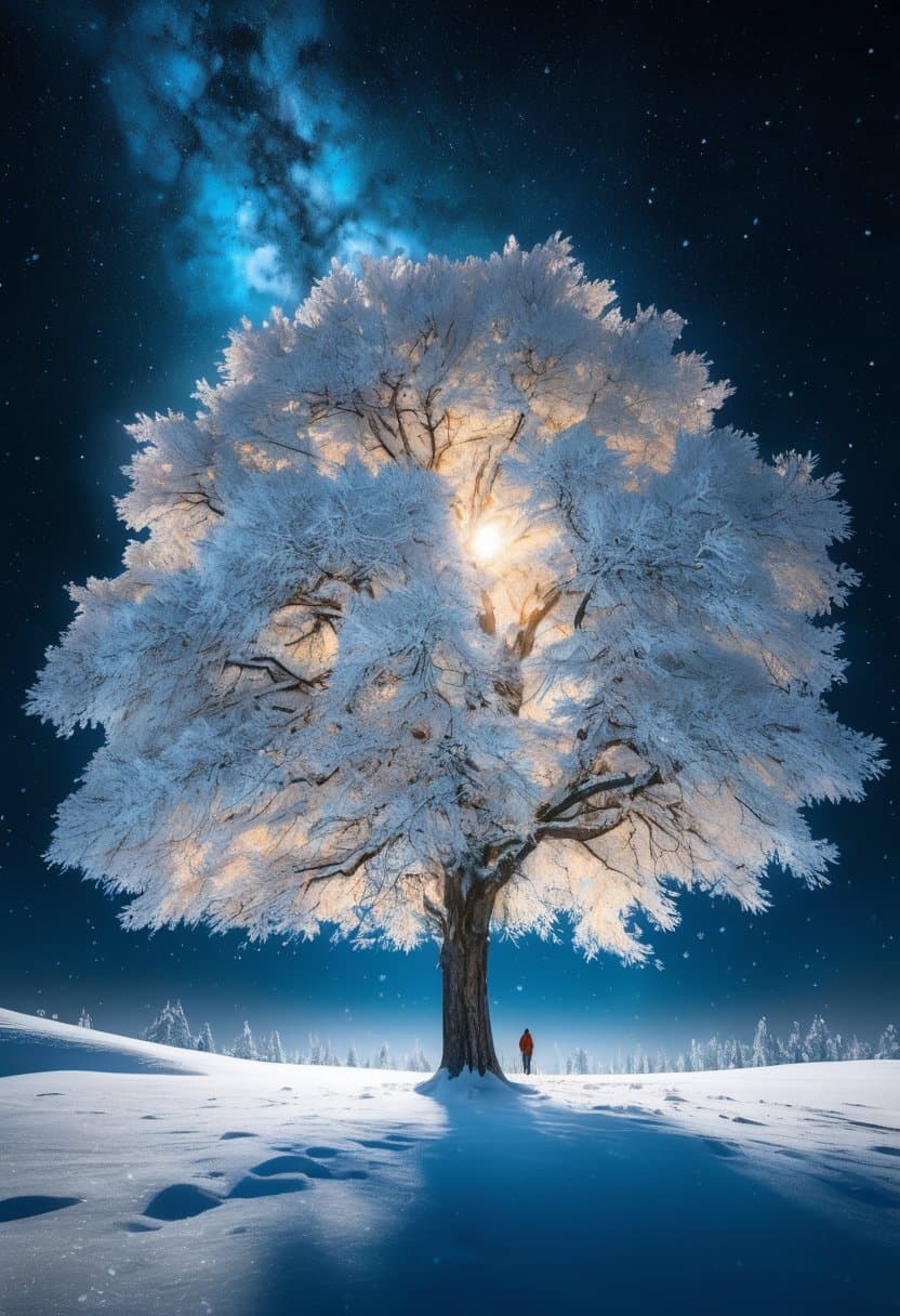 AI generated: (Ultrarealistic:1.3), (Award Winning Photo:1.3), a man stands near a massive lonely magic (glowing t...