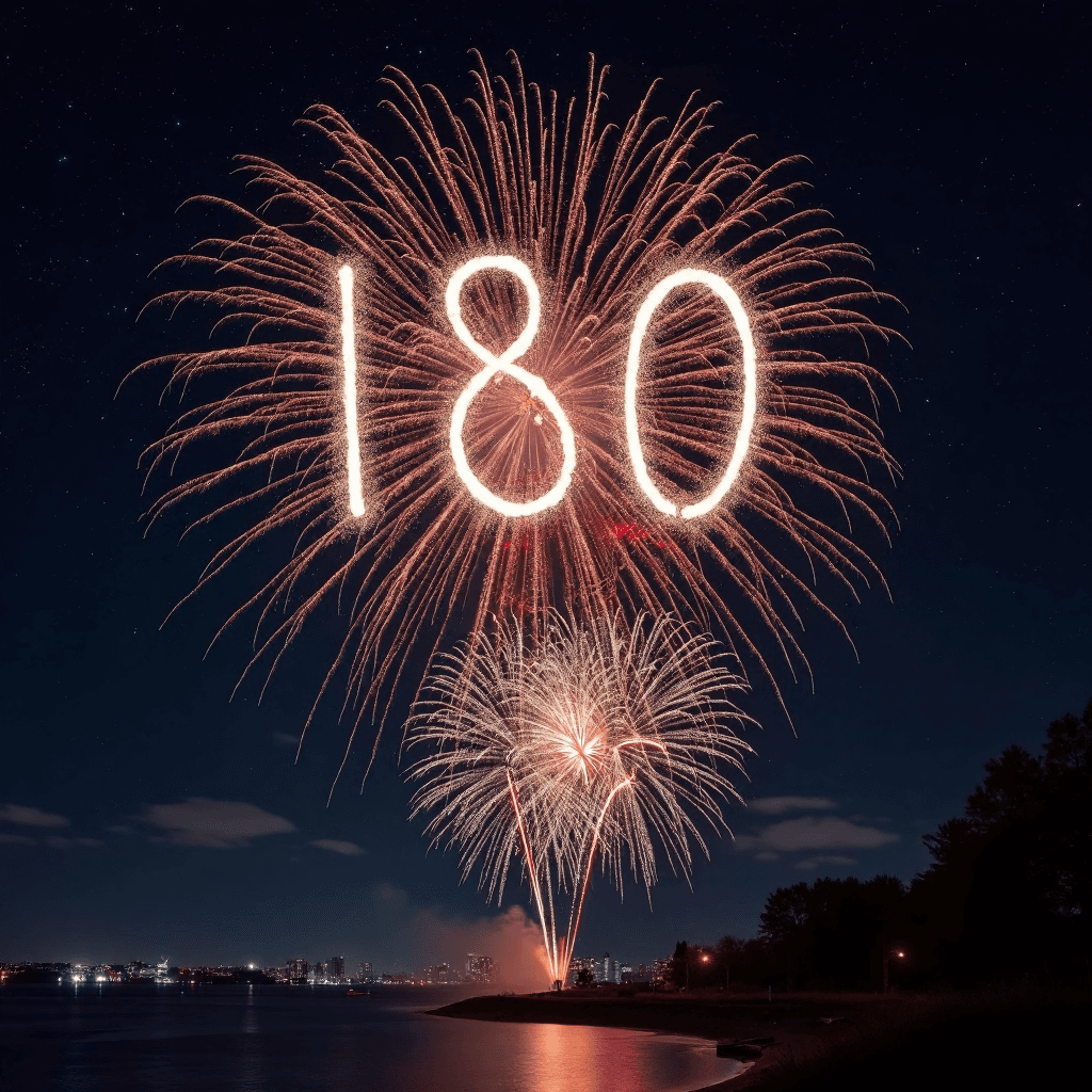 AI generated: summer nighttime  photography of night sky with diverse exploding fireworks shaped as a large number...