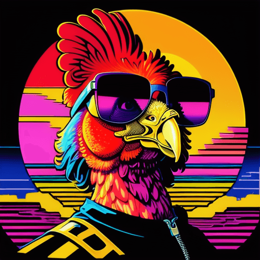 AI generated: 80s retro t-shirt design graphic of a synth wave chicken wearing sunglasses in front of a minimalist...