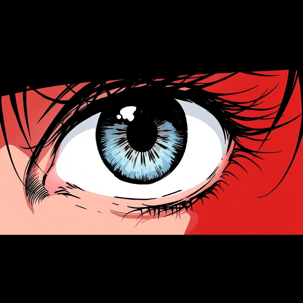 AI generated: manga panel of a close-up eye, intense, against a dark red background, in the style of Kentaro Miura...