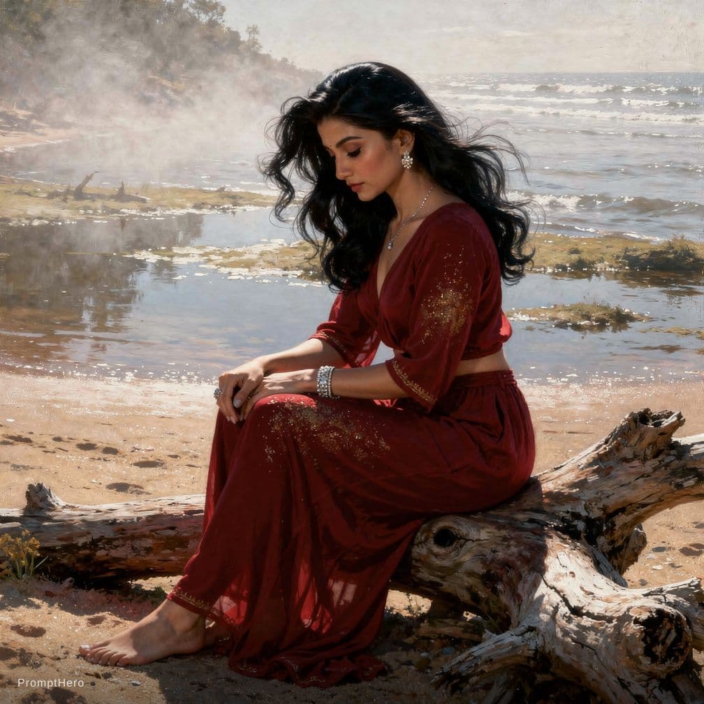 AI generated: A tall, sculpted young female with glossy black hair in soft waves rests on a gnarled driftwood log,...