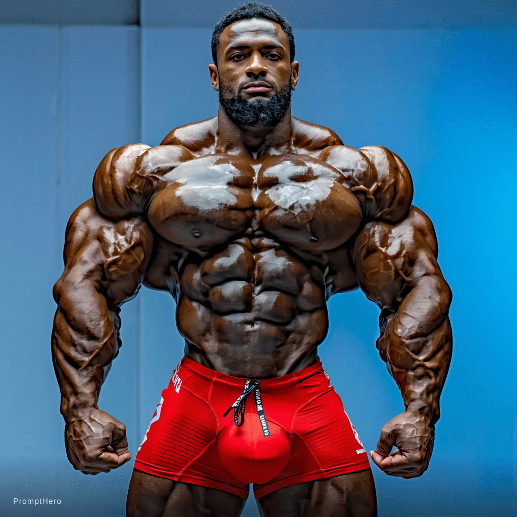 AI generated: RENDER AS A TOP IFBB PRO BODYBUILDER VERY WELL HUNG, MASCULAR, VERY WELL DEFINED VASCULAR PROPORTION...