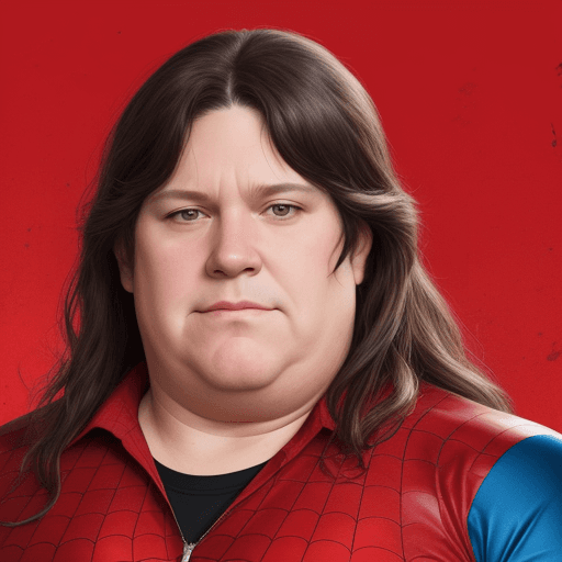 AI generated: Javier Milei, 55 years old, fat, double chin, long long hair, as superhero, red background saturated...