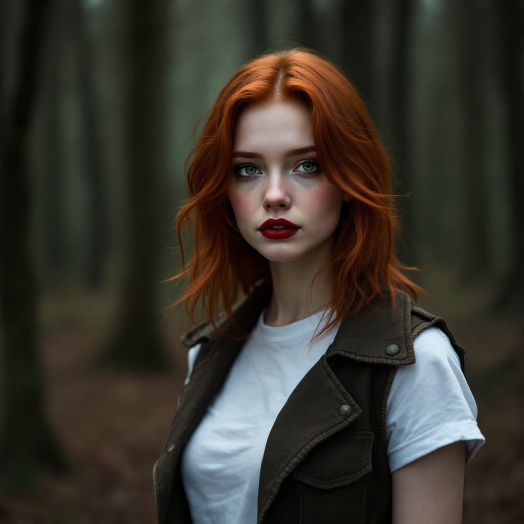 AI generated: 20 year old red haired girl, shoulder length red hair, stunning green eyes. wearing vest and standin...