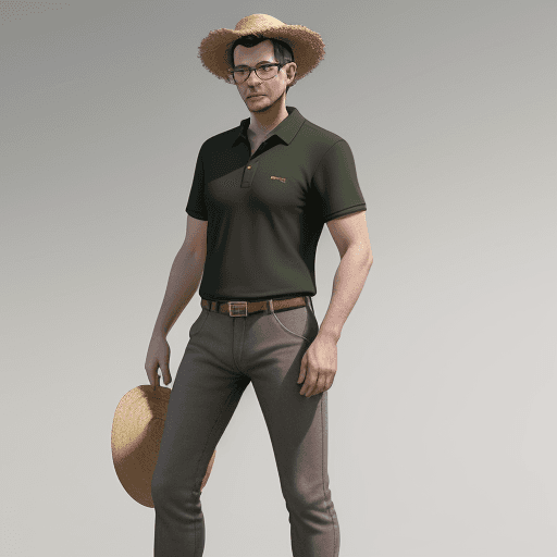 AI generated: A men, standing, wering boot, without beard,  gray short hair, black Eyeglasses, straw hat, wearing ...