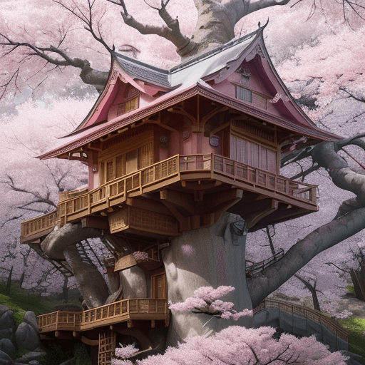 AI generated: THE CHERRY BLOSSOM TREE HOUSE :: beautiful ornate treehouse in a gigantic pink cherry blossom tree :...