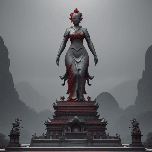 AI generated: a large statue with a woman looking at it, in the style of unreal engine 5, malaysia's terrain, movi...